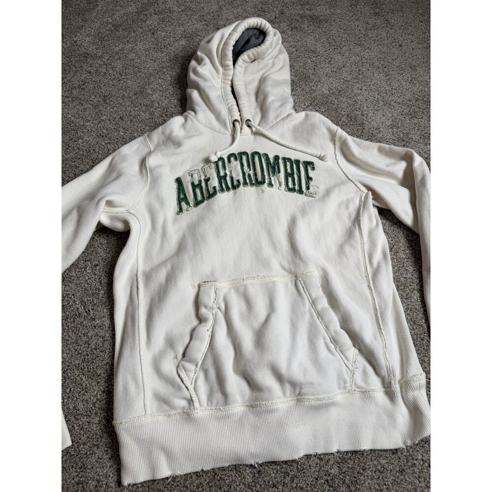 VTG Y2K Abercrombie & Fitch Men’s Cream Embroidered Hoodie Spellout Size Medium